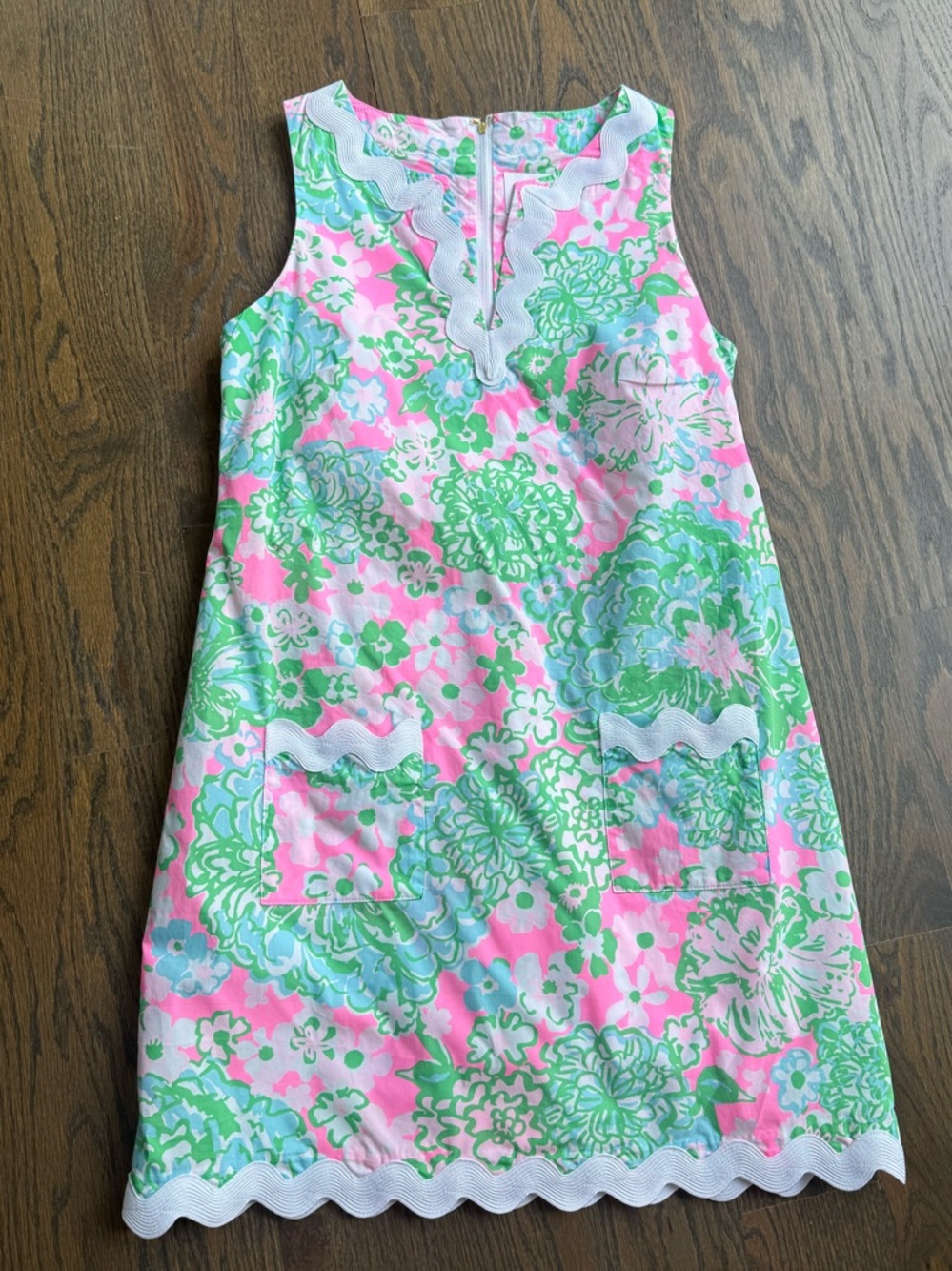 Lily Pulitzer Pink & Green Floral Shift romper with Scalloped Trim